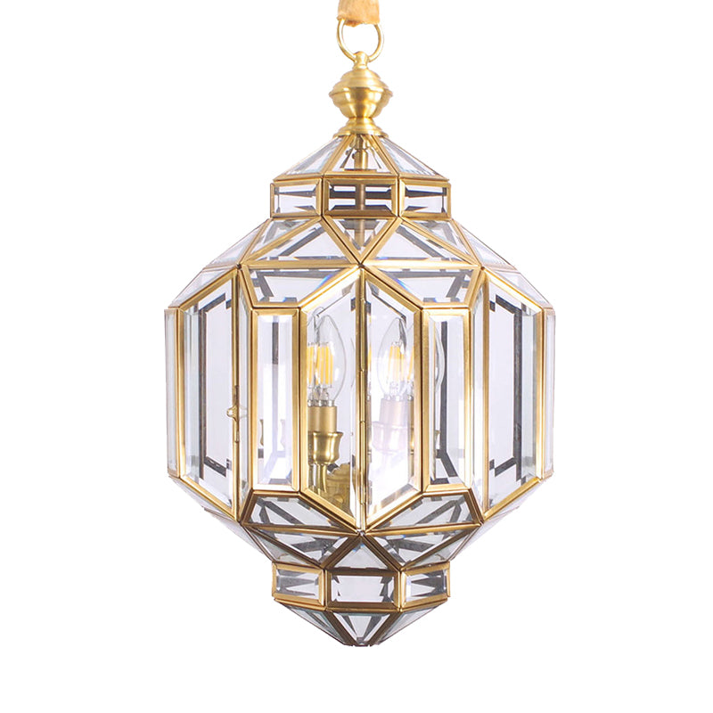 Contemporary 4-Light Lantern Chandelier With Clear Glass Shades Brass Hanging Lamp For Living Room