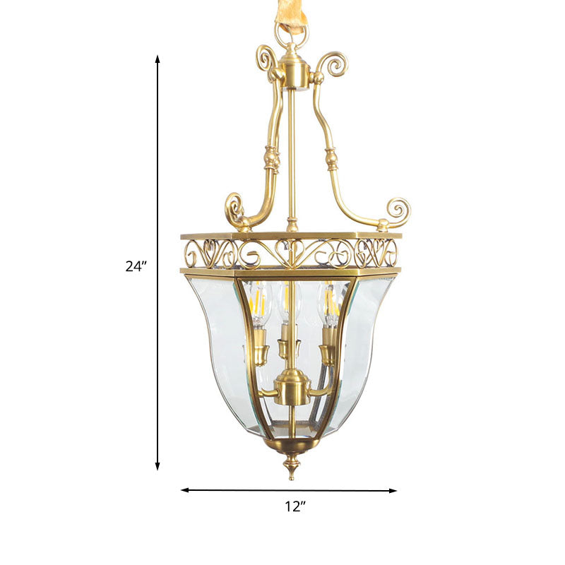 Retro Brass Tapered Chandelier Lamp - 3 Heads Clear Glass Pendant Light For Balcony