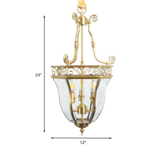 Retro Brass Tapered Chandelier Lamp - 3 Heads Clear Glass Pendant Light For Balcony