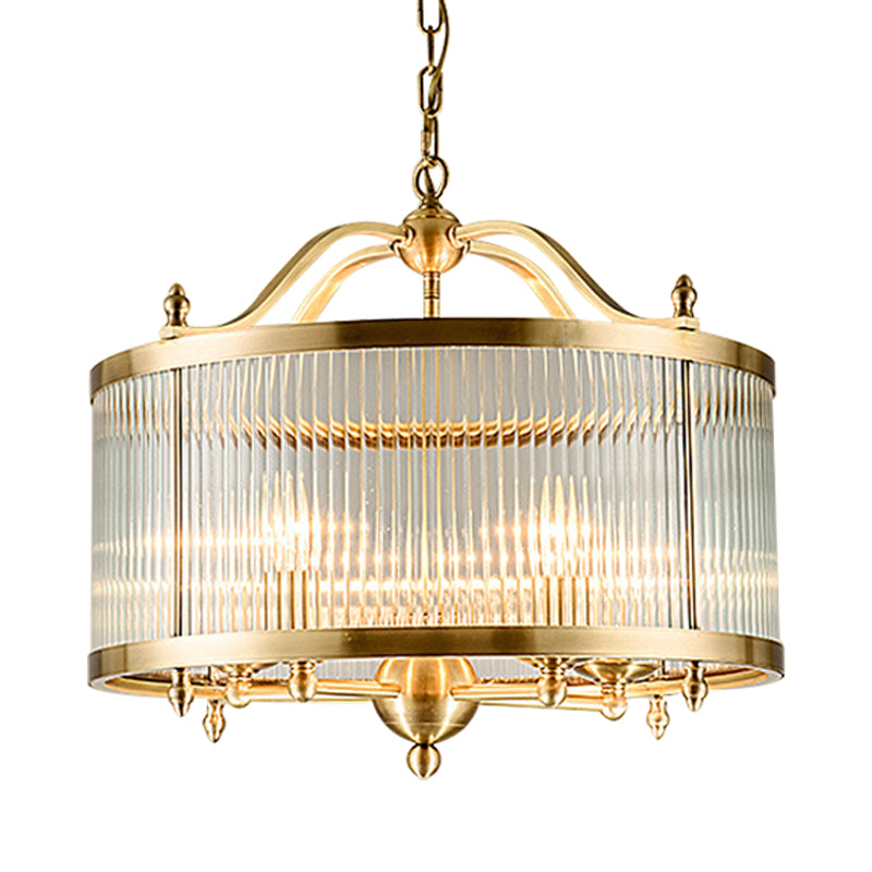 Contemporary Fluted Glass Brass Drum Chandelier - 3/5 Bulbs 16/19.5/23.5 Wide