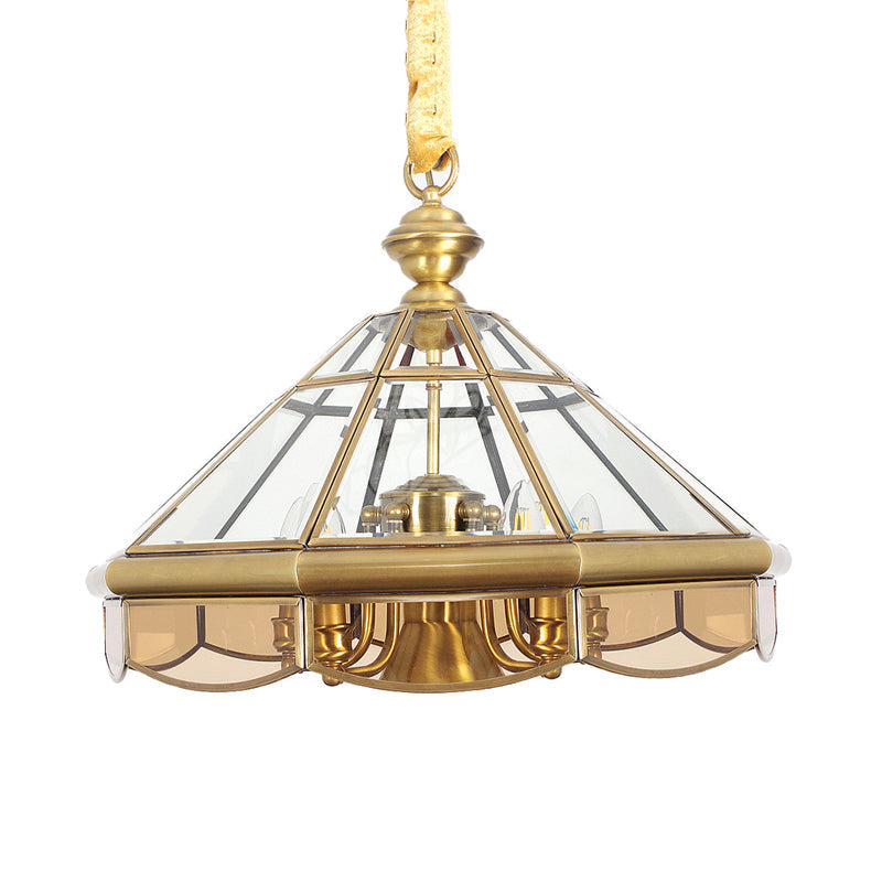 Traditional Clear Glass Cone Pendant Chandelier - 6 Bulbs Brass Ceiling Light