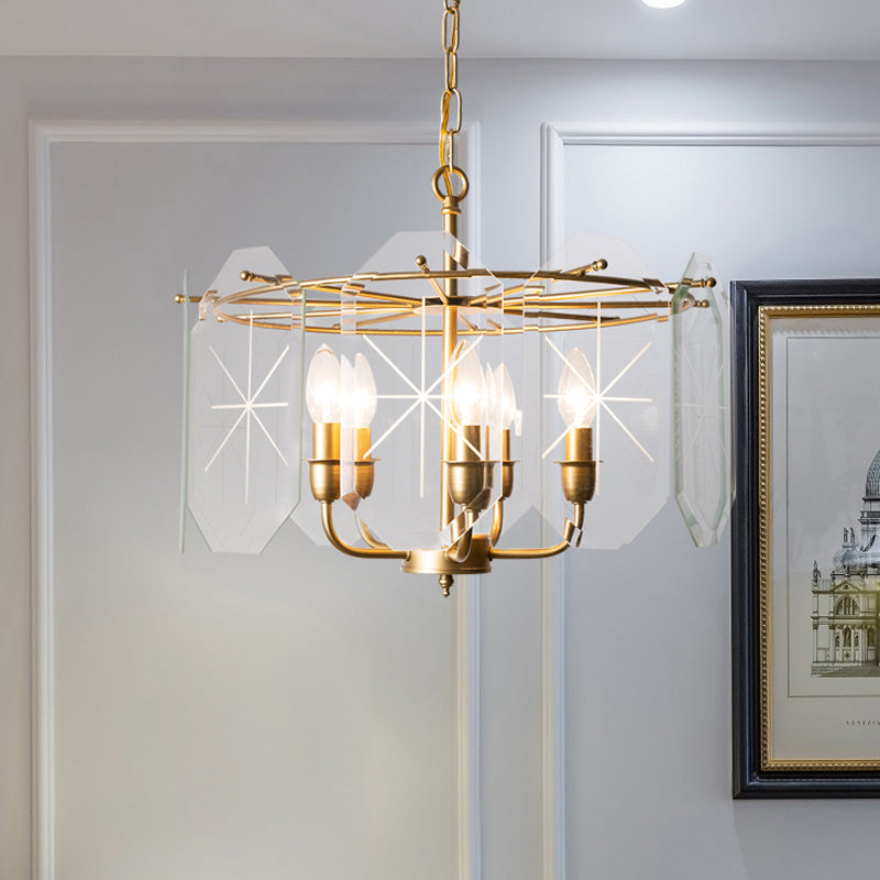 Brass Cylinder Ceiling Chandelier With Clear Glass Modern Design 5 Heads Hanging Light Fixture -