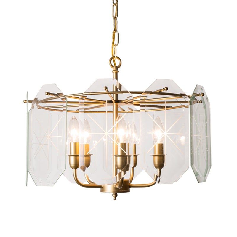 Brass Cylinder Ceiling Chandelier With Clear Glass Modern Design 5 Heads Hanging Light Fixture -