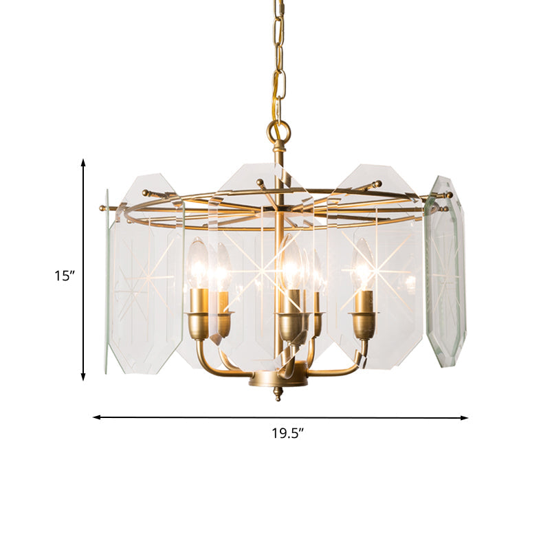 Brass Cylinder Ceiling Chandelier With Clear Glass Modern Design 5 Heads Hanging Light Fixture -