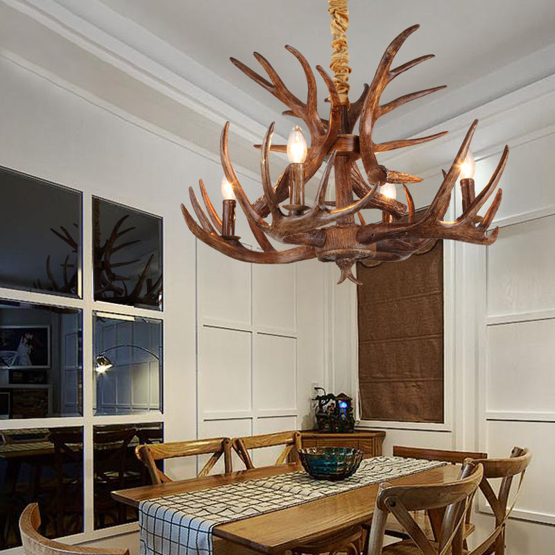 Antler Resin Chandelier: Traditional Candle Shape Hanging Lamp With 4/6/9 Bulbs In Coffee