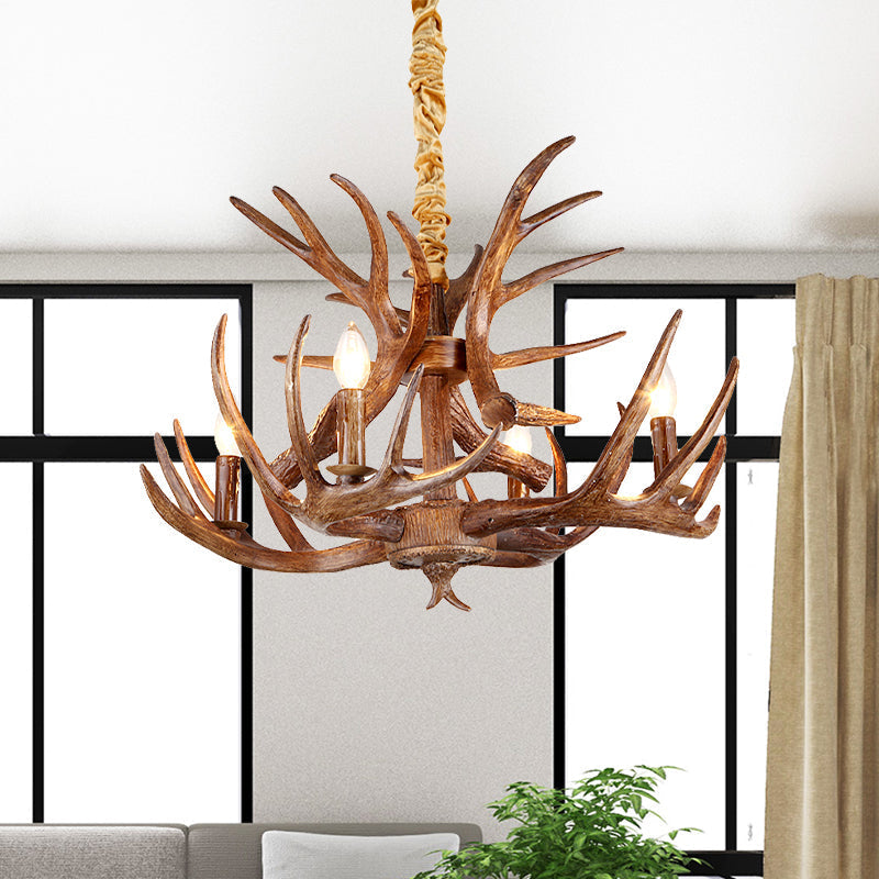 Antler Resin Chandelier: Traditional Candle Shape Hanging Lamp With 4/6/9 Bulbs In Coffee