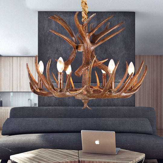 Antler Resin Chandelier: Traditional Candle Shape Hanging Lamp With 4/6/9 Bulbs In Coffee