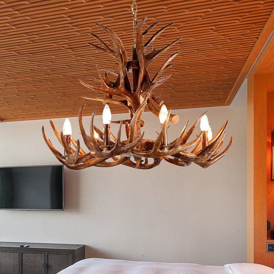 Antler Resin Chandelier: Traditional Candle Shape Hanging Lamp With 4/6/9 Bulbs In Coffee 9 /