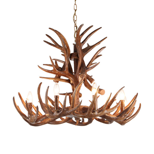 Antler Resin Chandelier: Traditional Candle Shape Hanging Lamp With 4/6/9 Bulbs In Coffee