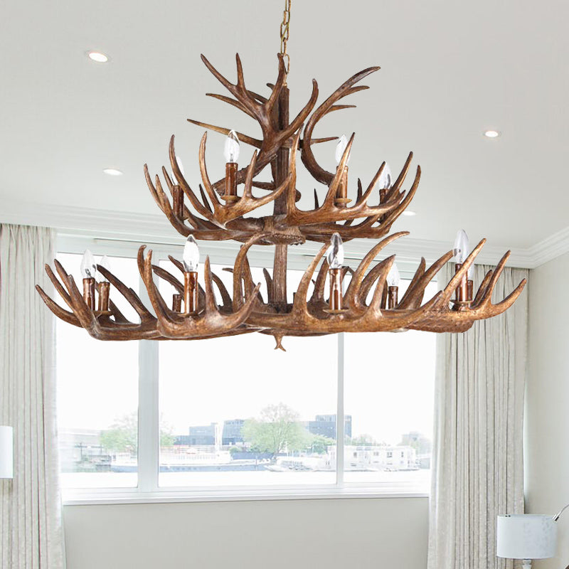 Antler Resin Chandelier: Traditional Candle Shape Hanging Lamp With 4/6/9 Bulbs In Coffee