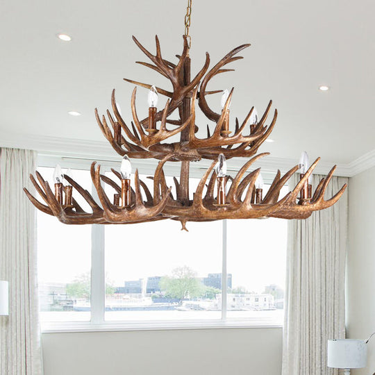 Antler Resin Chandelier: Traditional Candle Shape Hanging Lamp With 4/6/9 Bulbs In Coffee 15 /