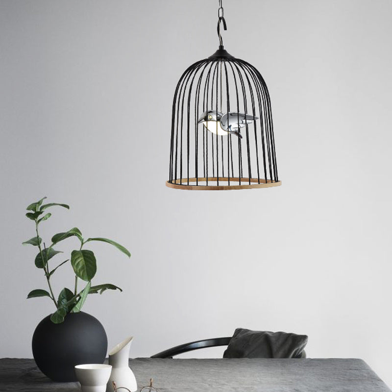 Contemporary Bird Design Pendant Lamp In Black/Pink: Metal Cage Fixture With 1 Bulb