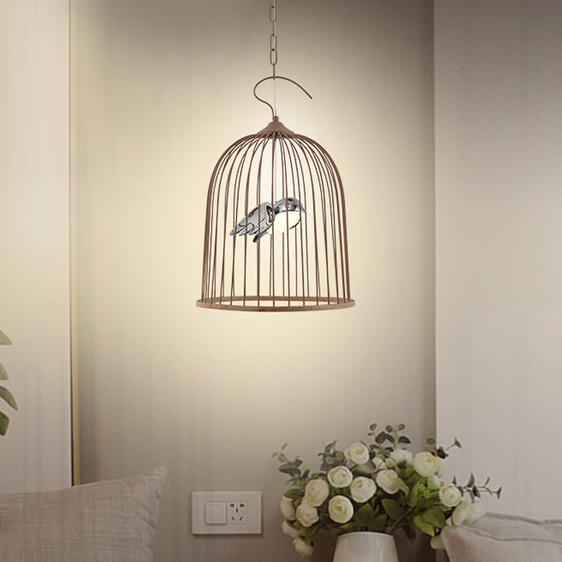 Contemporary Bird Design Pendant Lamp In Black/Pink: Metal Cage Fixture With 1 Bulb