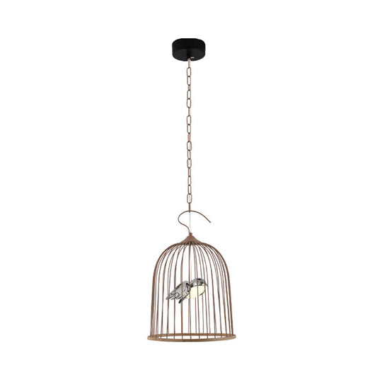 Contemporary Bird Design Pendant Lamp In Black/Pink: Metal Cage Fixture With 1 Bulb