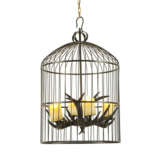 Rustic Black Birdcage Chandelier Lamp - 4 Lights Metal Pendant With Frosted Glass Shade