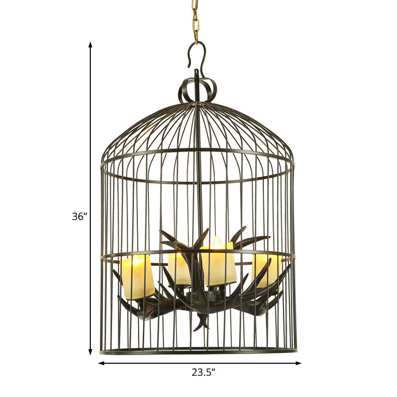 Rustic Black Birdcage Chandelier Lamp - 4 Lights Metal Pendant With Frosted Glass Shade