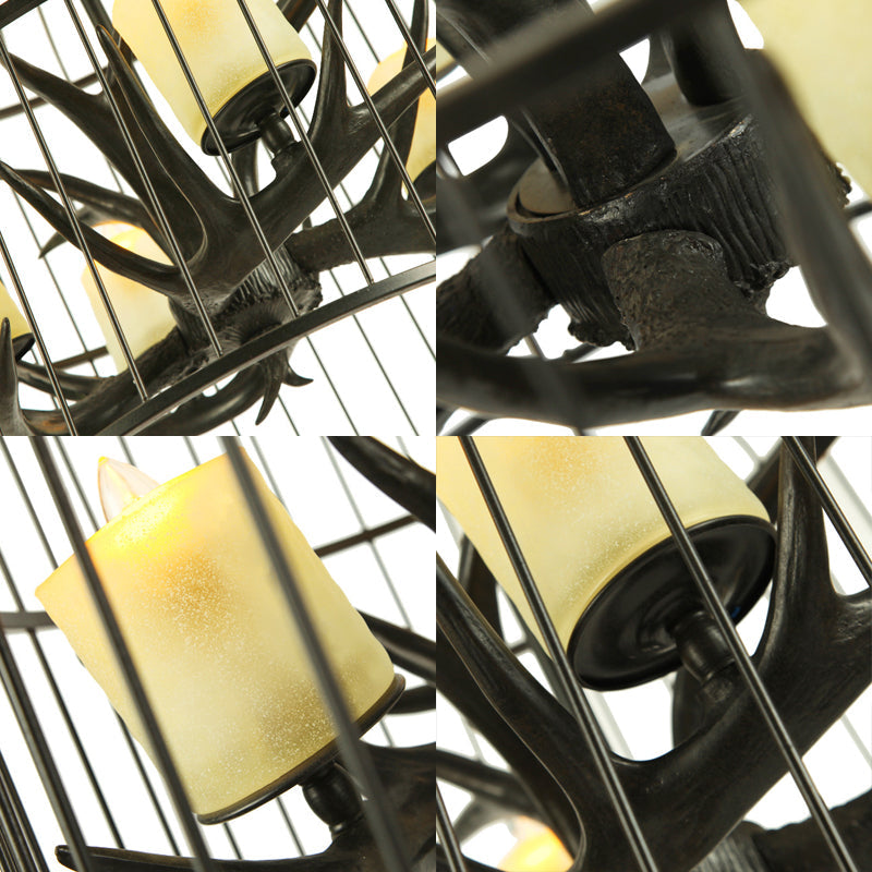 Rustic Black Birdcage Chandelier Lamp - 4 Lights Metal Pendant With Frosted Glass Shade