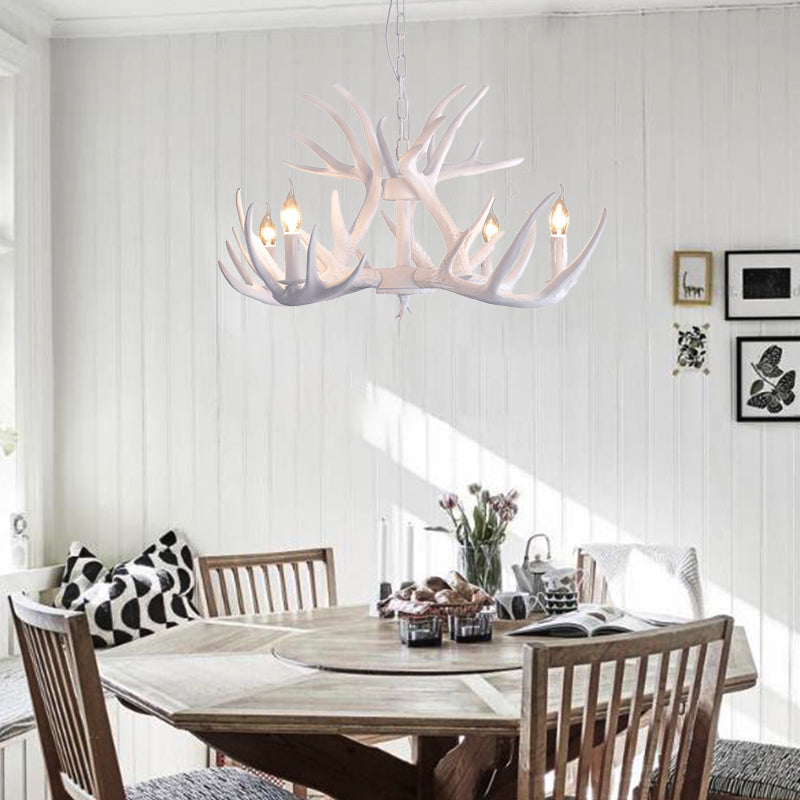 Traditional White Faux Antler Pendant Chandelier - 4/6/9 Heads Resin Ceiling Light For Dining Room