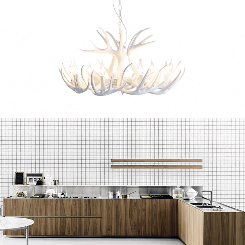 Traditional White Faux Antler Pendant Chandelier - 4/6/9 Heads Resin Ceiling Light For Dining Room