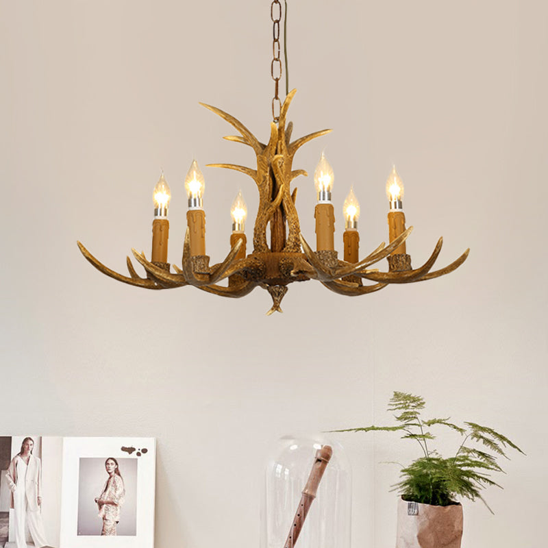 Rustic Brown Resin Chandelier With Deer Antler - 4/6/8 Heads Candle Pendant Light For Dining Room