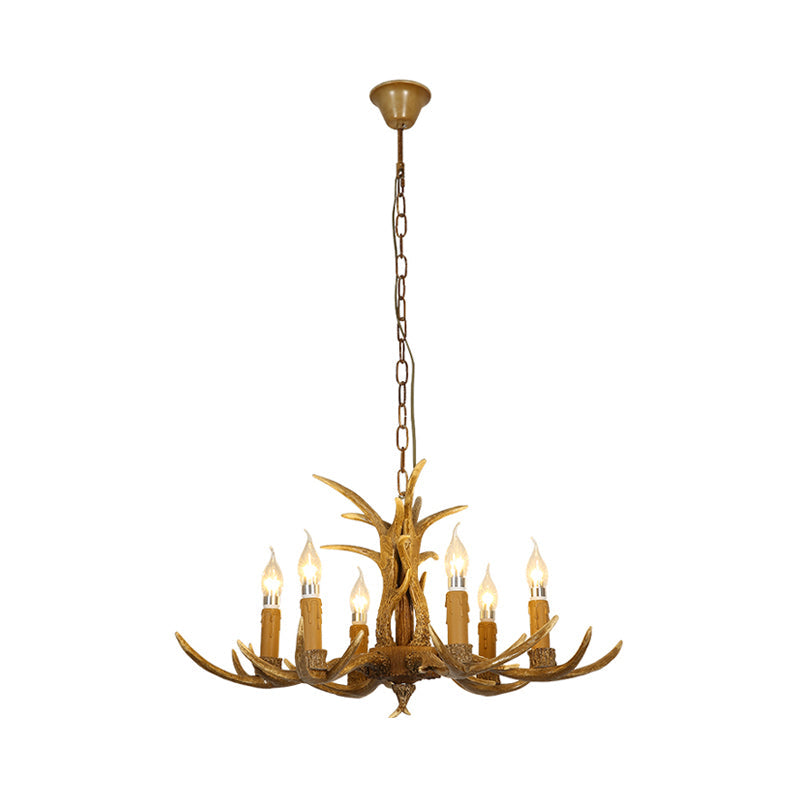 Rustic Brown Resin Chandelier With Deer Antler - 4/6/8 Heads Candle Pendant Light For Dining Room