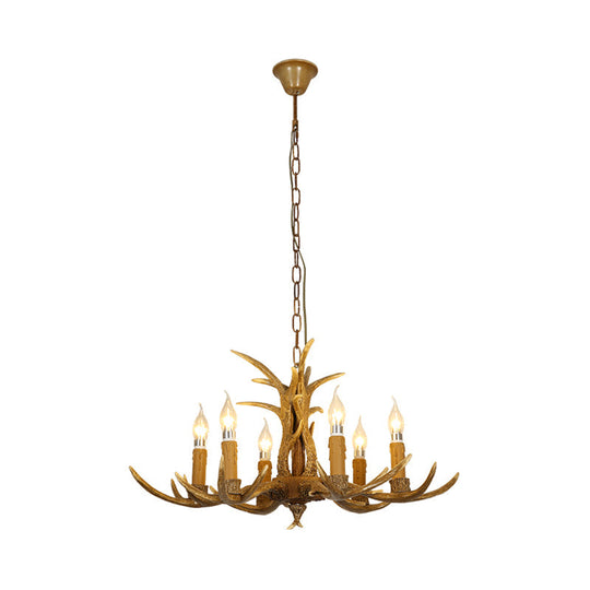 Rustic Brown Resin Chandelier With Deer Antler - 4/6/8 Heads Candle Pendant Light For Dining Room