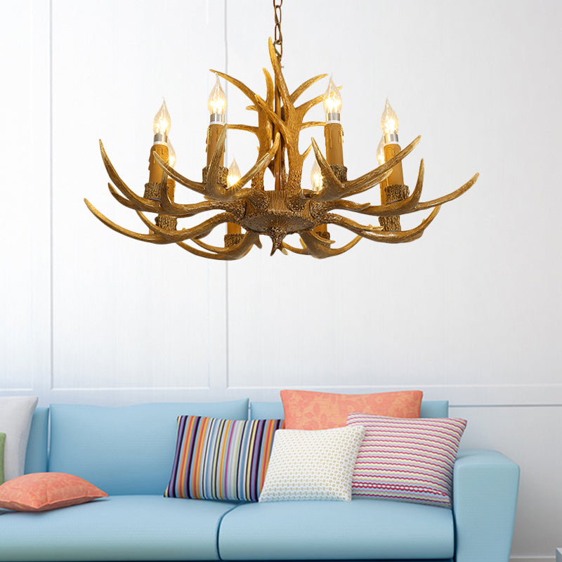 Rustic Brown Resin Chandelier With Deer Antler - 4/6/8 Heads Candle Pendant Light For Dining Room 8