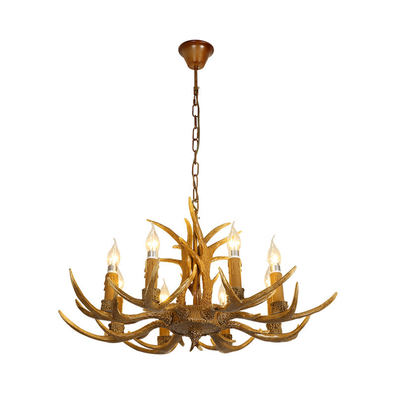 Rustic Brown Resin Chandelier With Deer Antler - 4/6/8 Heads Candle Pendant Light For Dining Room