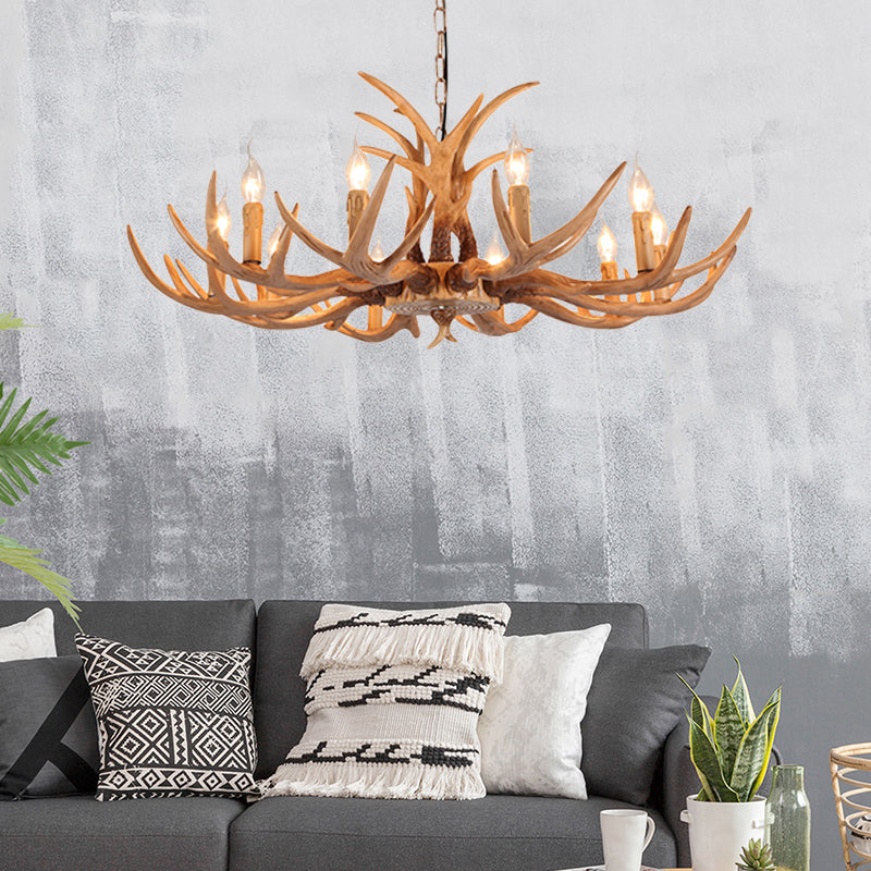 Rustic Brown Resin Chandelier With Deer Antler - 4/6/8 Heads Candle Pendant Light For Dining Room