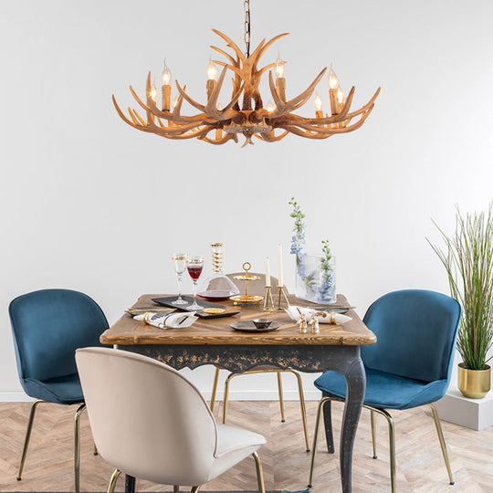 Rustic Brown Resin Chandelier With Deer Antler - 4/6/8 Heads Candle Pendant Light For Dining Room