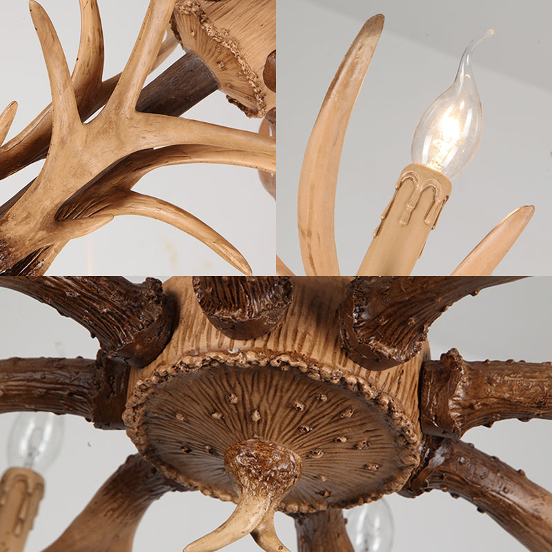 Rustic Brown Resin Chandelier With Deer Antler - 4/6/8 Heads Candle Pendant Light For Dining Room