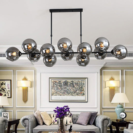 Modern Black Island Lighting With Smokey-Glass 8/12 Heads - Stylish Hanging Lamp For Living Room