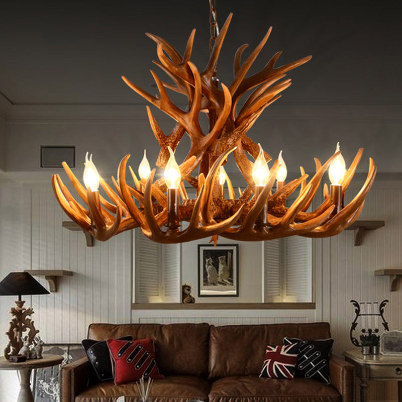 Brown Resin Candelabra Chandelier: 9-Head Pendant Ceiling Light For Rural Restaurants