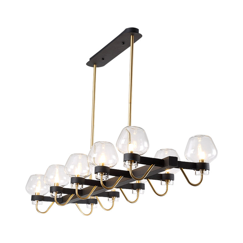 Contemporary Island Lamp: 10 Glass Bulbs In Clear/Amber/Smoke Suspended Fixture - Black/Brass For