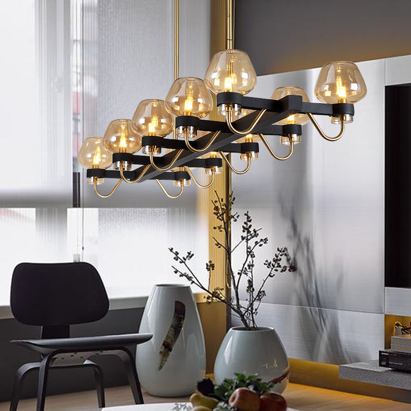 Contemporary Island Lamp: 10 Glass Bulbs In Clear/Amber/Smoke Suspended Fixture - Black/Brass For