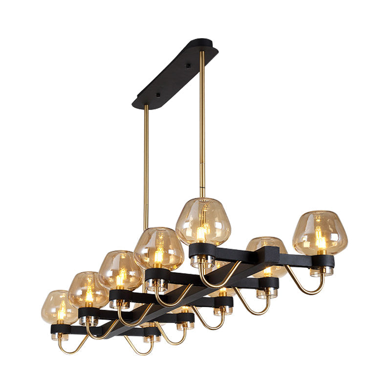 Contemporary Island Lamp: 10 Glass Bulbs In Clear/Amber/Smoke Suspended Fixture - Black/Brass For