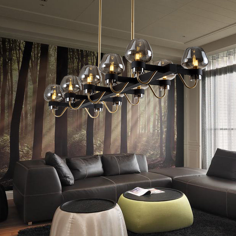 Contemporary Island Lamp: 10 Glass Bulbs In Clear/Amber/Smoke Suspended Fixture - Black/Brass For