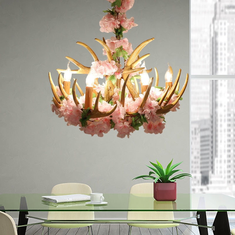 Rustic Resin Hanging Lamp - Candle Living Room Pendant Light With 4/6/12 Bulbs Pink/Green Chandelier