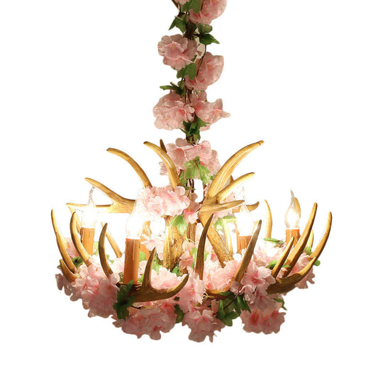 Rustic Resin Hanging Lamp - Candle Living Room Pendant Light With 4/6/12 Bulbs Pink/Green Chandelier