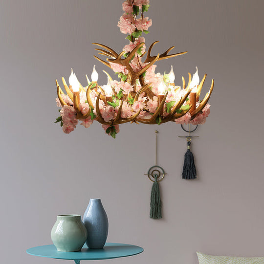 Rustic Resin Hanging Lamp - Candle Living Room Pendant Light With 4/6/12 Bulbs Pink/Green Chandelier