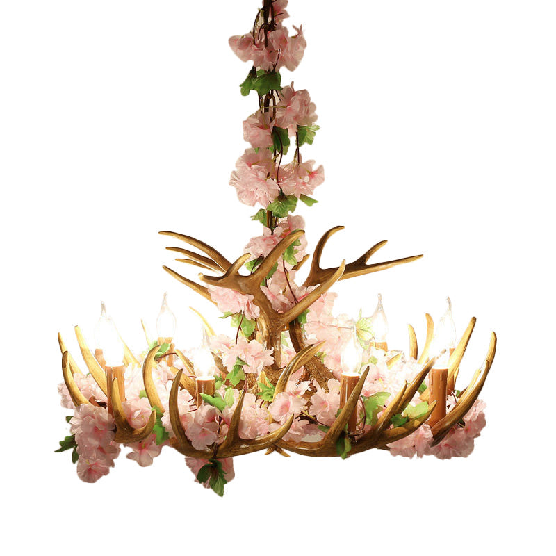 Rustic Resin Hanging Lamp - Candle Living Room Pendant Light With 4/6/12 Bulbs Pink/Green Chandelier