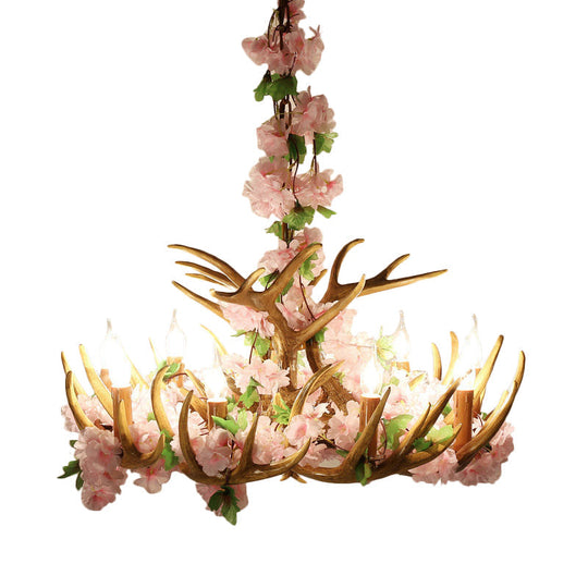 Rustic Resin Hanging Lamp - Candle Living Room Pendant Light With 4/6/12 Bulbs Pink/Green Chandelier