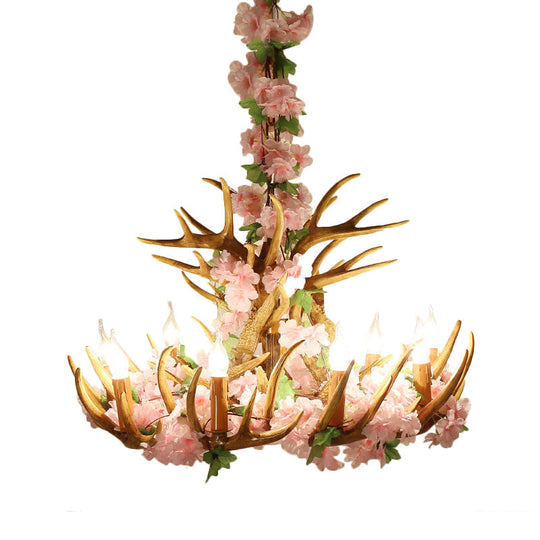 Rustic Resin Hanging Lamp - Candle Living Room Pendant Light With 4/6/12 Bulbs Pink/Green Chandelier