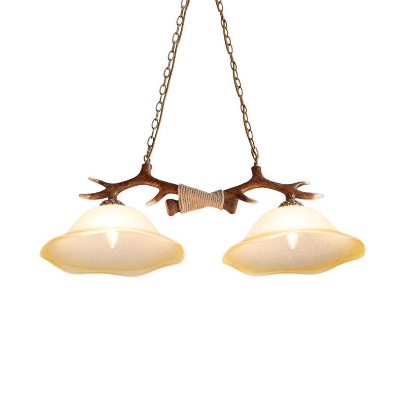 2-Light Traditional Bell Glass Island Pendant In Brown Perfect For Bedrooms