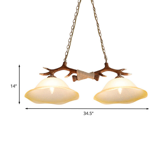 2-Light Traditional Bell Glass Island Pendant In Brown Perfect For Bedrooms