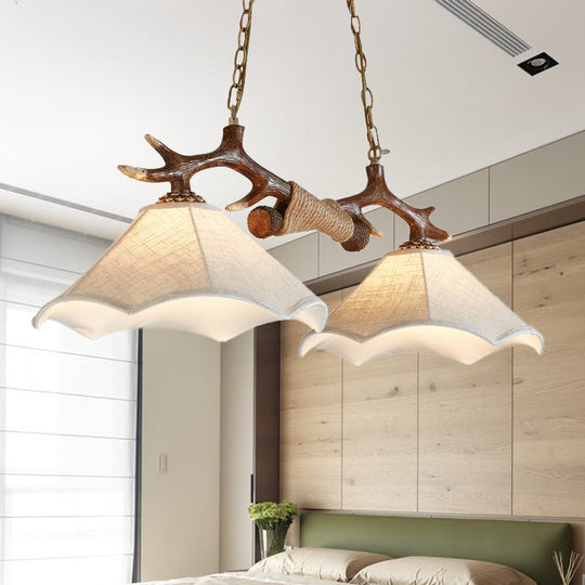 Traditional Bell Ceiling Lamp: 2-Bulb Bedroom Island Light Fixture With Antler Arm In Flaxen Fabric