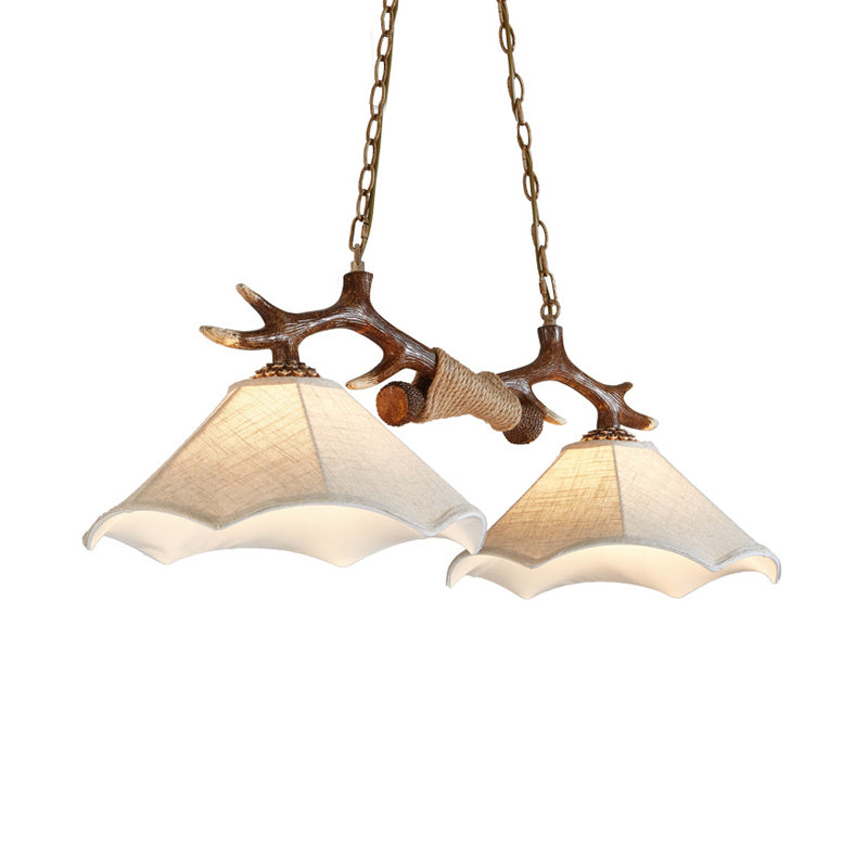 Traditional Bell Ceiling Lamp: 2-Bulb Bedroom Island Light Fixture With Antler Arm In Flaxen Fabric