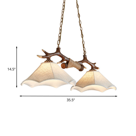 Traditional Bell Ceiling Lamp: 2-Bulb Bedroom Island Light Fixture With Antler Arm In Flaxen Fabric