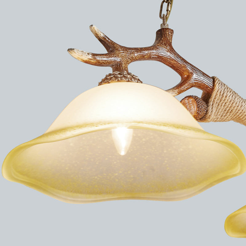 Traditional Bell Ceiling Lamp: 2-Bulb Bedroom Island Light Fixture With Antler Arm In Flaxen Fabric