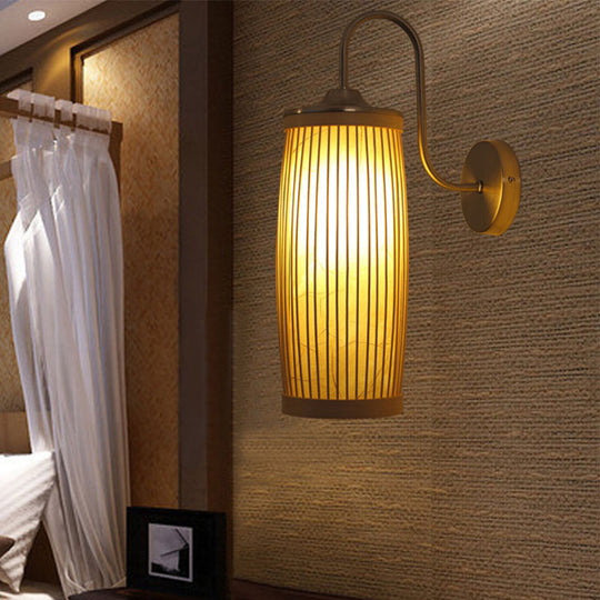 Asian Style Cylinder Bamboo And Metal Wall Lamp With Gooseneck Arm - 1 Bulb Beige Shade